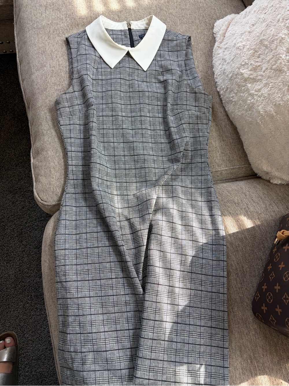 Tommy Hilfiger Gray Plaid Midi Dress with White Collar